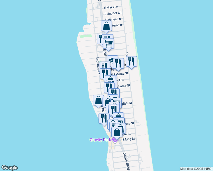 map of restaurants, bars, coffee shops, grocery stores, and more near 101 East Bahama Street in South Padre Island