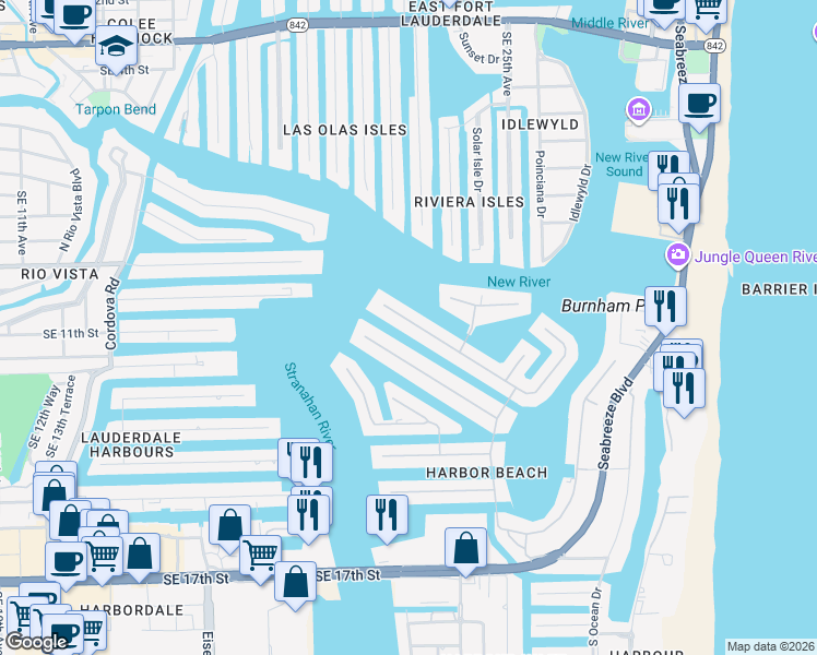 map of restaurants, bars, coffee shops, grocery stores, and more near 14 Isla Bahia Drive in Fort Lauderdale