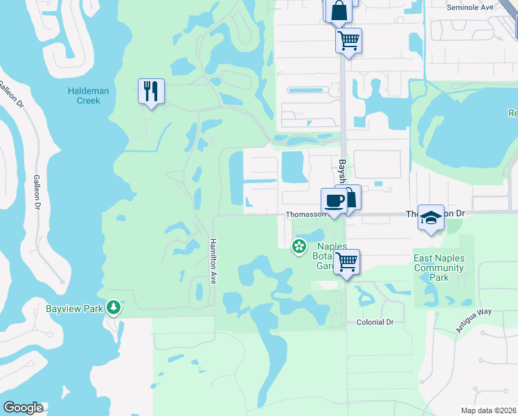 map of restaurants, bars, coffee shops, grocery stores, and more near 2445 Thomasson Drive in Naples