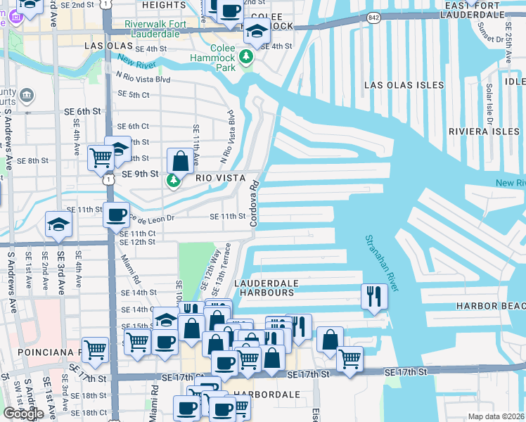 map of restaurants, bars, coffee shops, grocery stores, and more near 1524 Southeast 11th Street in Fort Lauderdale