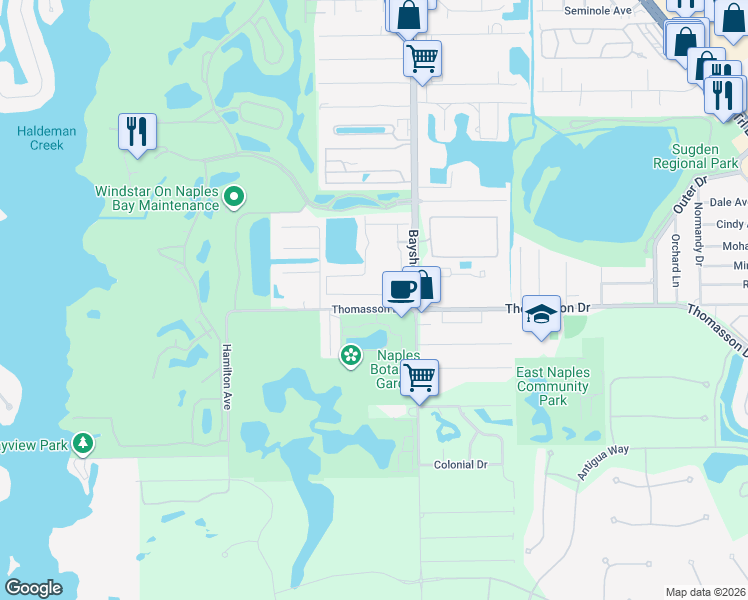 map of restaurants, bars, coffee shops, grocery stores, and more near 2750 Thomasson Drive in Naples