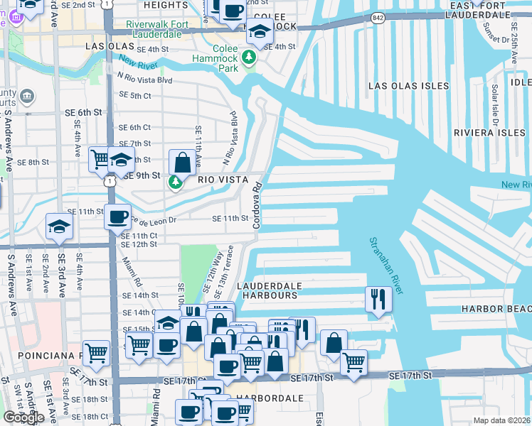 map of restaurants, bars, coffee shops, grocery stores, and more near 1524 Southeast 11th Street in Fort Lauderdale