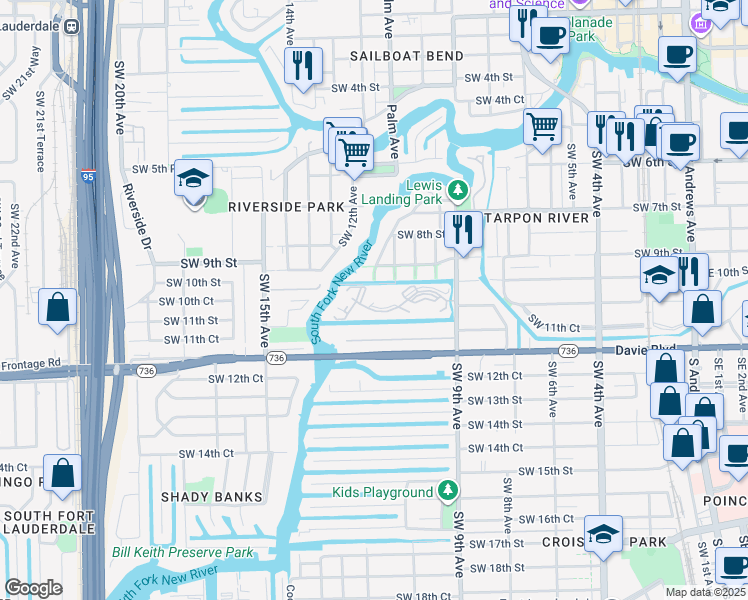 map of restaurants, bars, coffee shops, grocery stores, and more near 1200 River Reach Drive in Fort Lauderdale