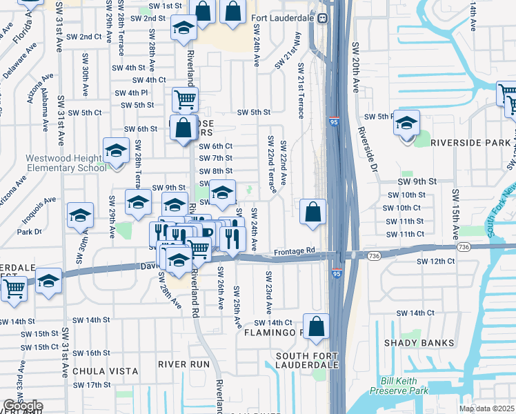 map of restaurants, bars, coffee shops, grocery stores, and more near 1013 Southwest 22nd Terrace in Fort Lauderdale
