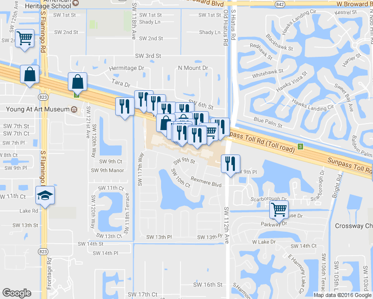 map of restaurants, bars, coffee shops, grocery stores, and more near 11466 Rte 84 in Davie