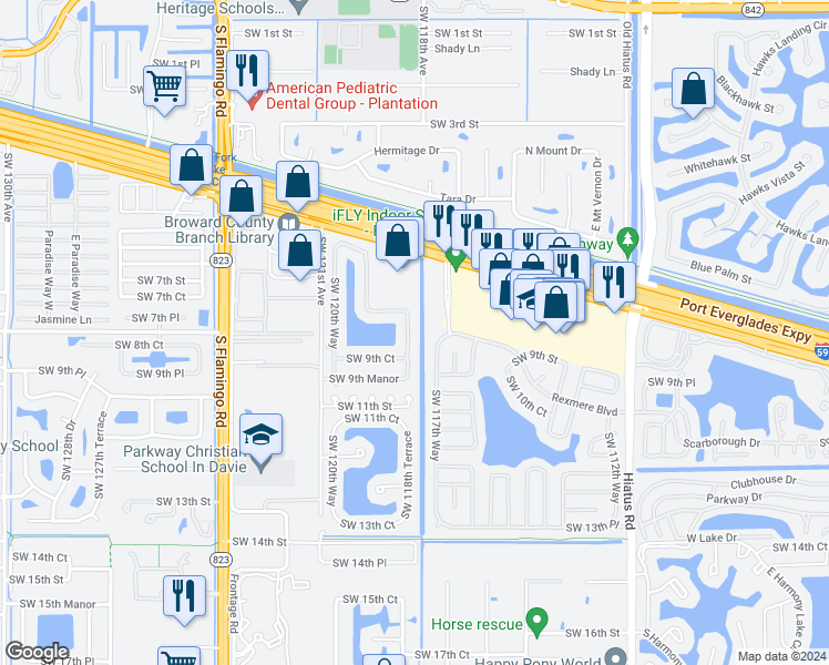 map of restaurants, bars, coffee shops, grocery stores, and more near 842 Southwest 118th Terrace in Davie