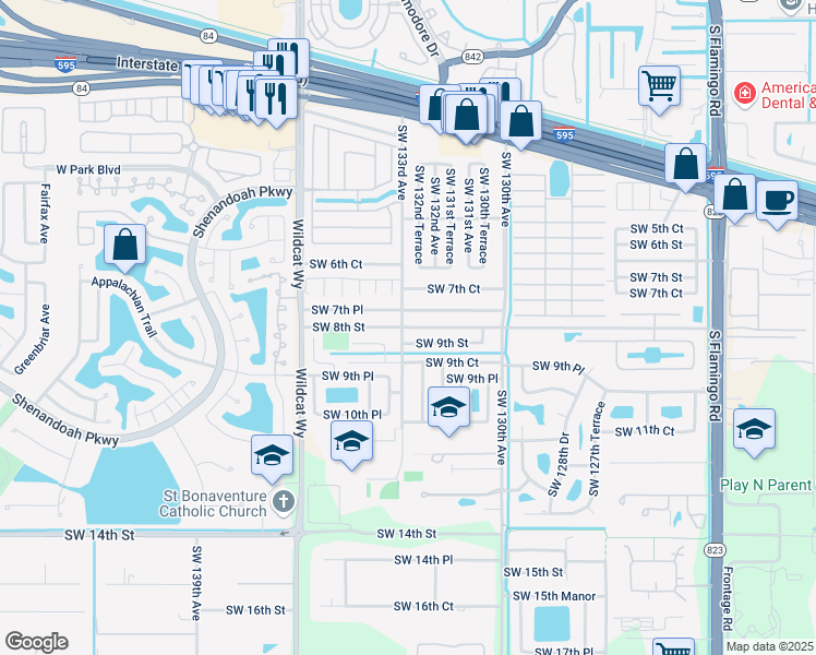 map of restaurants, bars, coffee shops, grocery stores, and more near 841 Southwest 133rd Avenue in Davie