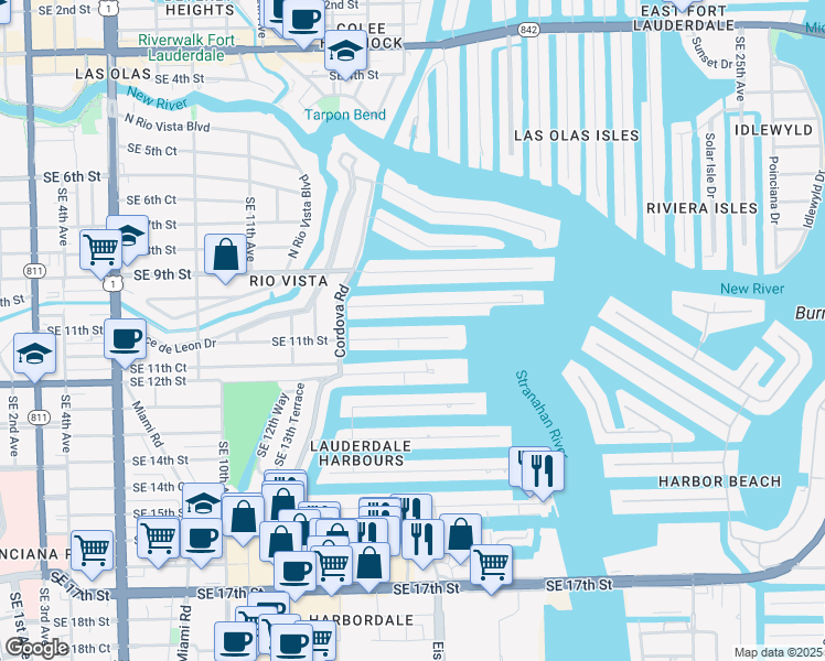 map of restaurants, bars, coffee shops, grocery stores, and more near 1630 Southeast 11th Street in Fort Lauderdale