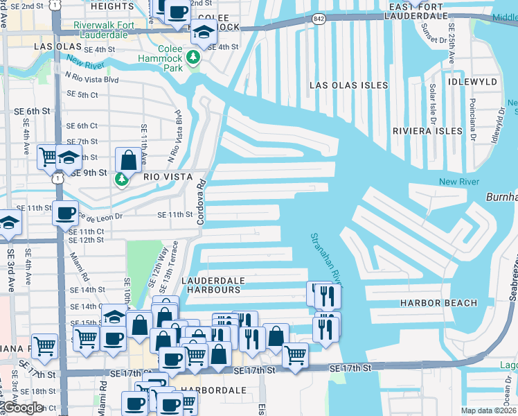 map of restaurants, bars, coffee shops, grocery stores, and more near 1721 Southeast 11th Street in Fort Lauderdale