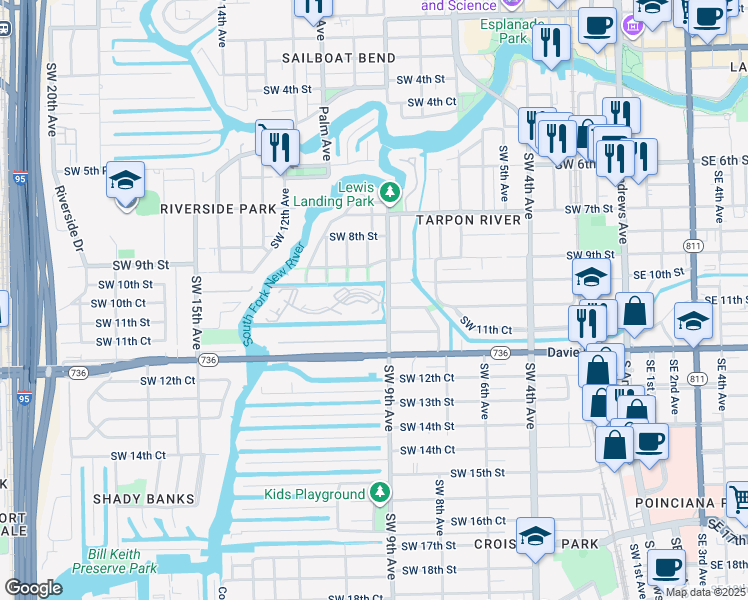 map of restaurants, bars, coffee shops, grocery stores, and more near 110 River Reach Drive in Fort Lauderdale