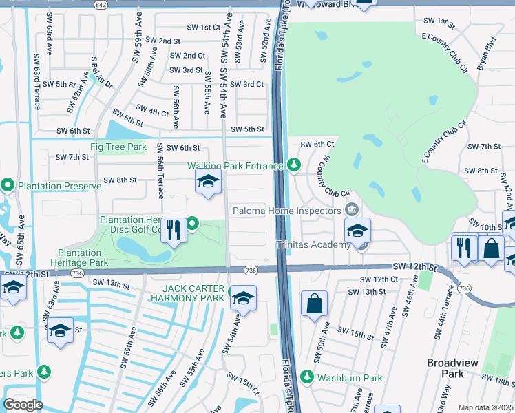 map of restaurants, bars, coffee shops, grocery stores, and more near 5241 Southwest 9th Court in Plantation