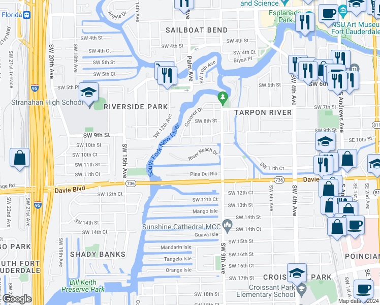 map of restaurants, bars, coffee shops, grocery stores, and more near 1000 River Reach Drive in Fort Lauderdale