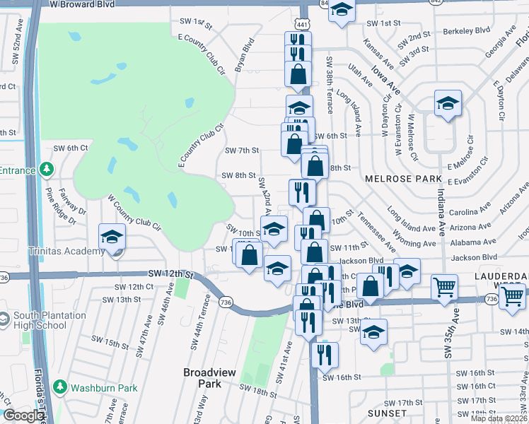 map of restaurants, bars, coffee shops, grocery stores, and more near 4280 Southwest 9th Court in Plantation