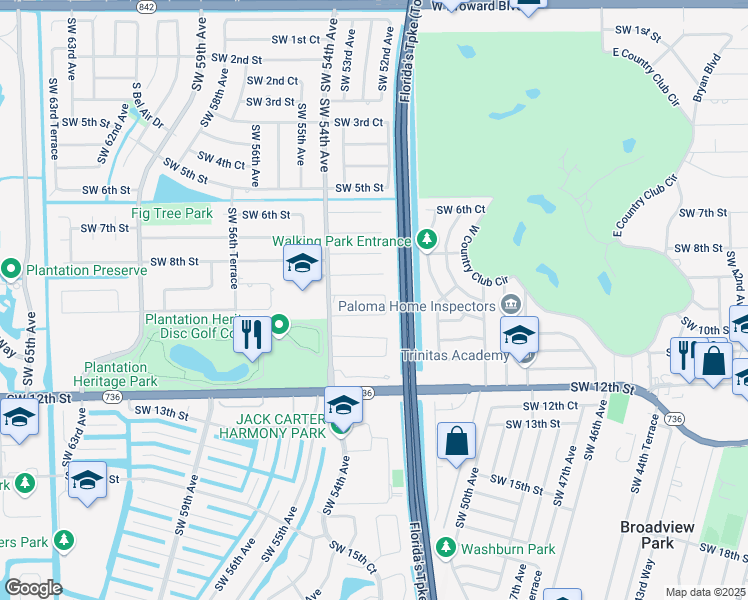 map of restaurants, bars, coffee shops, grocery stores, and more near 5241 Southwest 9th Court in Plantation