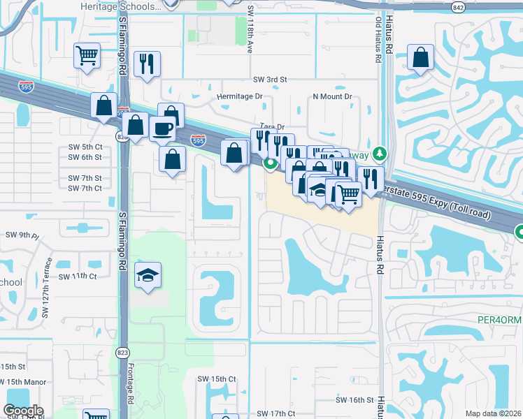 map of restaurants, bars, coffee shops, grocery stores, and more near 925 Southwest 117th Way in Davie