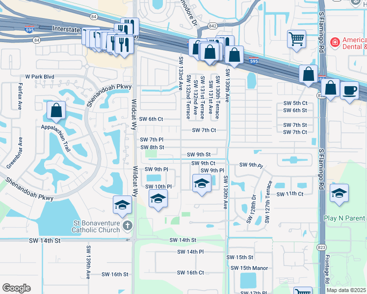 map of restaurants, bars, coffee shops, grocery stores, and more near 841 Southwest 133rd Avenue in Davie