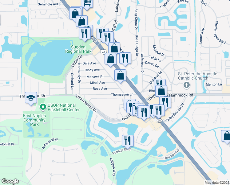 map of restaurants, bars, coffee shops, grocery stores, and more near 4385 Petal Drive in Naples