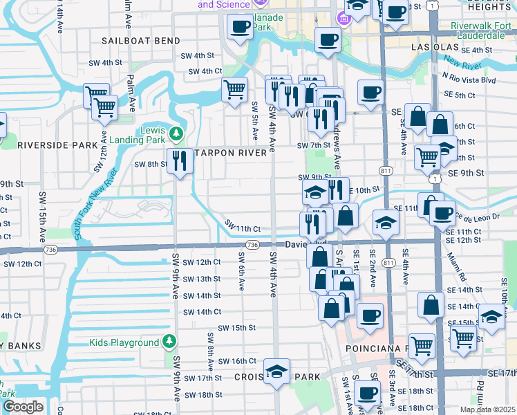 map of restaurants, bars, coffee shops, grocery stores, and more near 418 Southwest 11th Street in Fort Lauderdale