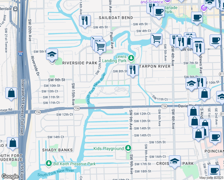 map of restaurants, bars, coffee shops, grocery stores, and more near 1000 River Reach Drive in Fort Lauderdale
