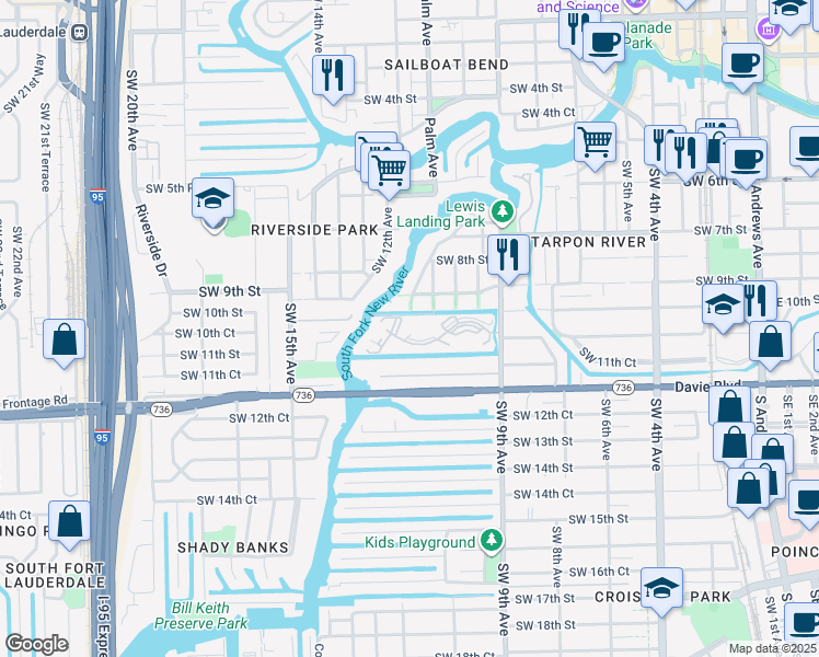 map of restaurants, bars, coffee shops, grocery stores, and more near 1200 River Reach Drive in Fort Lauderdale