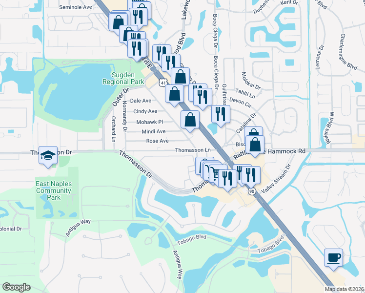 map of restaurants, bars, coffee shops, grocery stores, and more near 4385 Petal Drive in Naples