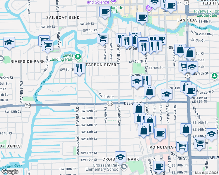 map of restaurants, bars, coffee shops, grocery stores, and more near 418 Southwest 11th Street in Fort Lauderdale