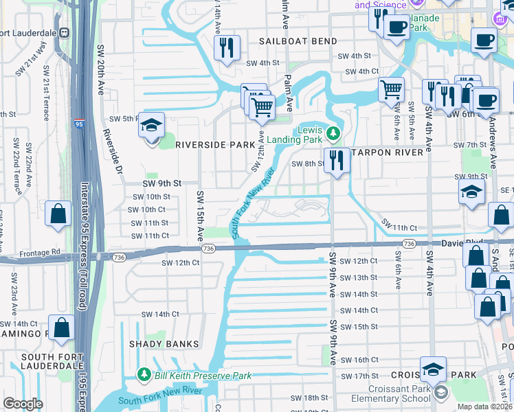 map of restaurants, bars, coffee shops, grocery stores, and more near 1350 River Reach Drive in Fort Lauderdale