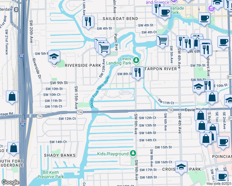 map of restaurants, bars, coffee shops, grocery stores, and more near 1000 River Reach Drive in Fort Lauderdale