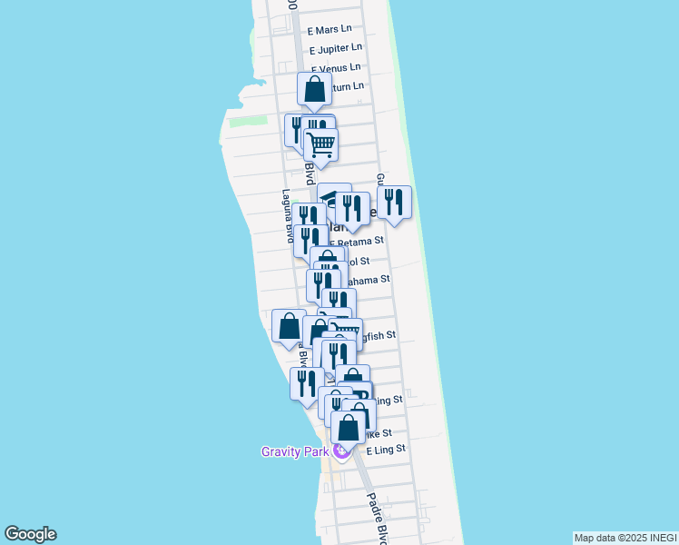 map of restaurants, bars, coffee shops, grocery stores, and more near in South Padre Island