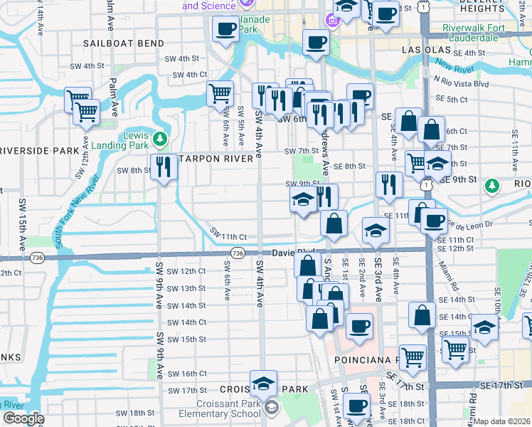 map of restaurants, bars, coffee shops, grocery stores, and more near 308 Southwest 11th Street in Fort Lauderdale