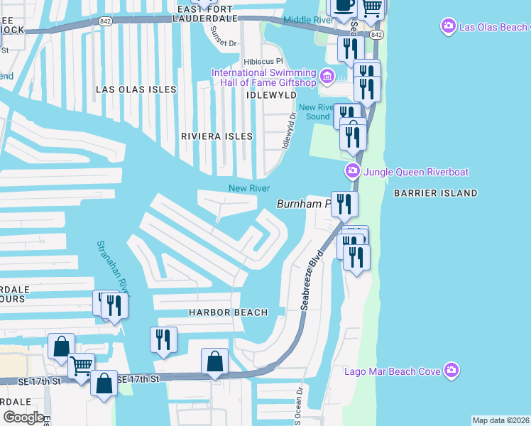 map of restaurants, bars, coffee shops, grocery stores, and more near 8 Isla Bahia Terrace in Fort Lauderdale