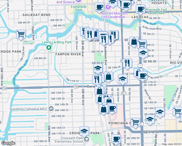 map of restaurants, bars, coffee shops, grocery stores, and more near 308 Southwest 11th Street in Fort Lauderdale