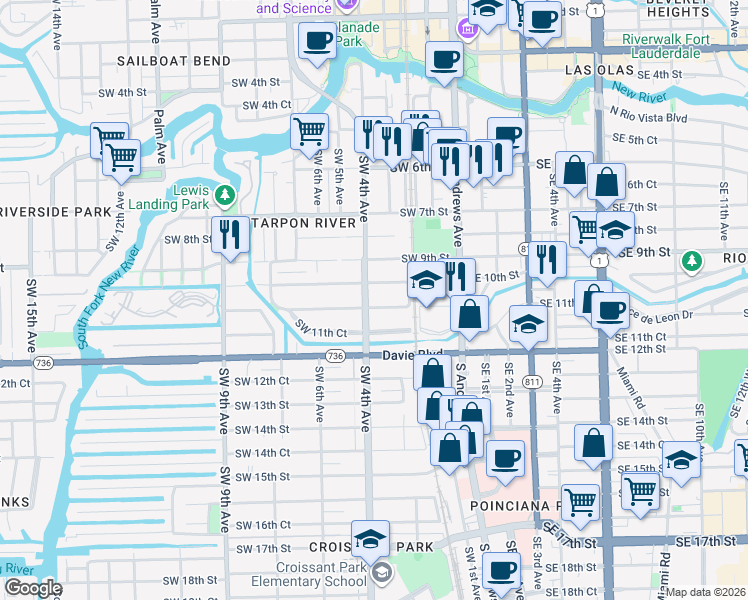 map of restaurants, bars, coffee shops, grocery stores, and more near 308 Southwest 11th Street in Fort Lauderdale