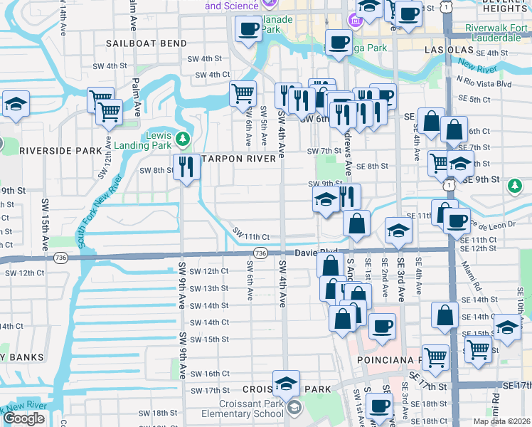 map of restaurants, bars, coffee shops, grocery stores, and more near 418 Southwest 11th Street in Fort Lauderdale