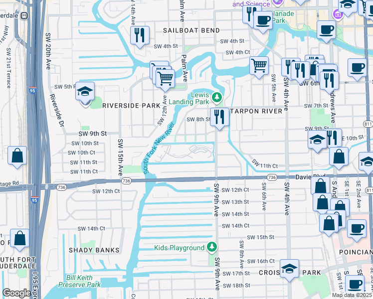 map of restaurants, bars, coffee shops, grocery stores, and more near 1000 River Reach Drive in Fort Lauderdale