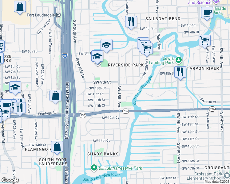 map of restaurants, bars, coffee shops, grocery stores, and more near 1025 Southwest 15th Avenue in Fort Lauderdale