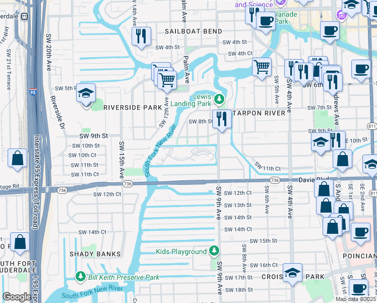 map of restaurants, bars, coffee shops, grocery stores, and more near 1000 River Reach Drive in Fort Lauderdale