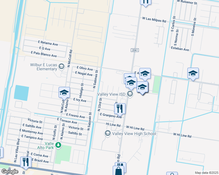 map of restaurants, bars, coffee shops, grocery stores, and more near 1103 34th Drive in Hidalgo