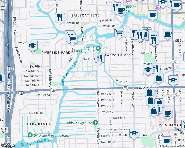 map of restaurants, bars, coffee shops, grocery stores, and more near 950 River Reach Drive in Fort Lauderdale
