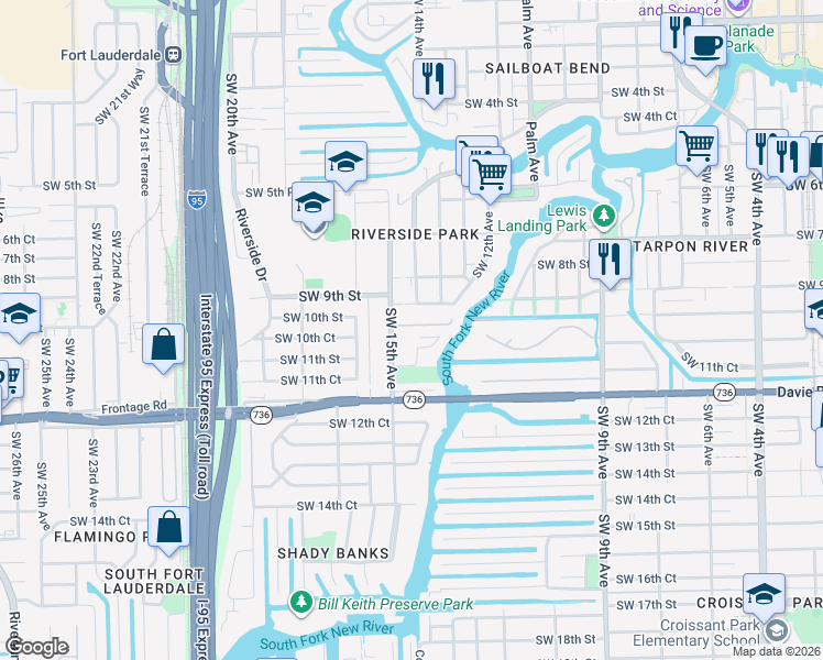map of restaurants, bars, coffee shops, grocery stores, and more near 1100 Southwest 14th Terrace in Fort Lauderdale