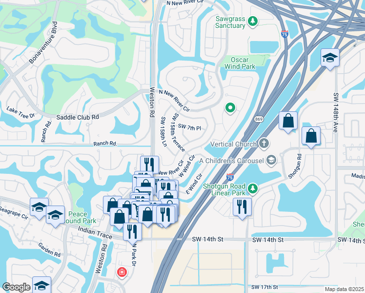 map of restaurants, bars, coffee shops, grocery stores, and more near 15873 West Wind Circle in Sunrise
