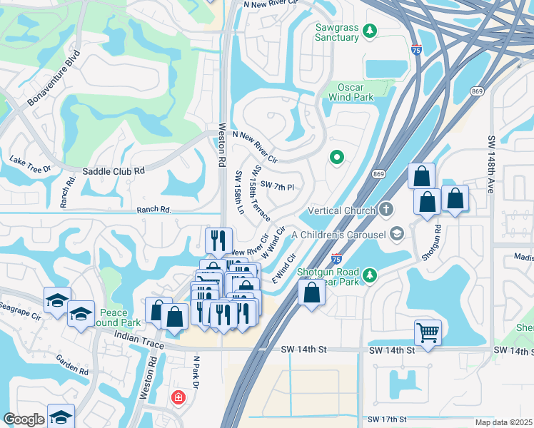 map of restaurants, bars, coffee shops, grocery stores, and more near 15873 West Wind Circle in Sunrise