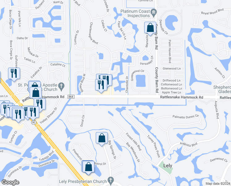 map of restaurants, bars, coffee shops, grocery stores, and more near 5500 Rattlesnake Hammock Road in Naples