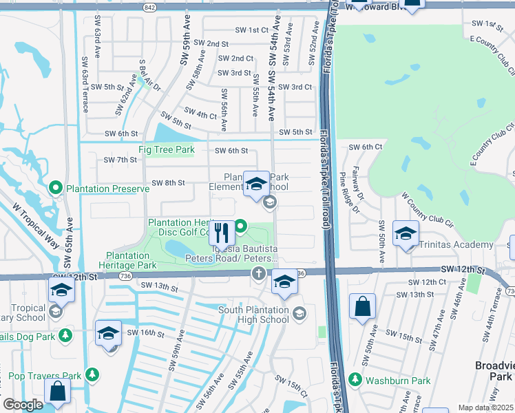 map of restaurants, bars, coffee shops, grocery stores, and more near 875 Southwest 54th Avenue in Plantation