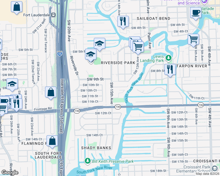 map of restaurants, bars, coffee shops, grocery stores, and more near 1025 Southwest 15th Avenue in Fort Lauderdale