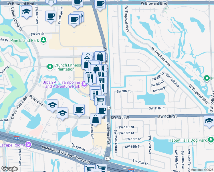 map of restaurants, bars, coffee shops, grocery stores, and more near 821 South University Drive in Plantation