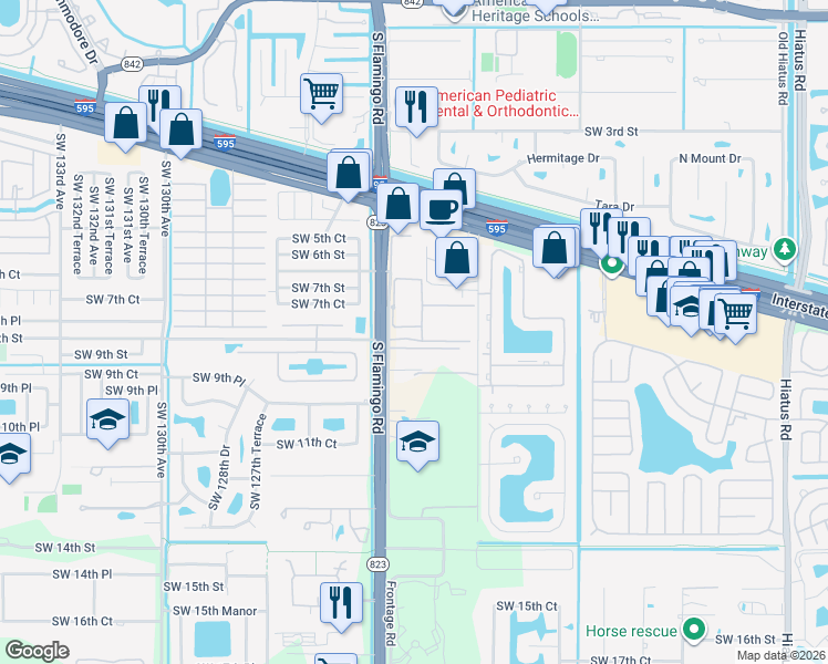map of restaurants, bars, coffee shops, grocery stores, and more near 830 South Flamingo Road in Davie