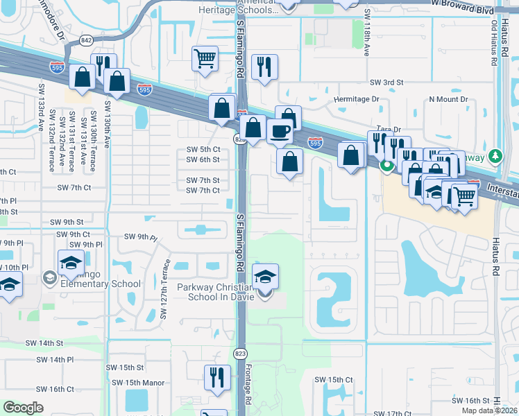 map of restaurants, bars, coffee shops, grocery stores, and more near 830 South Flamingo Road in Davie