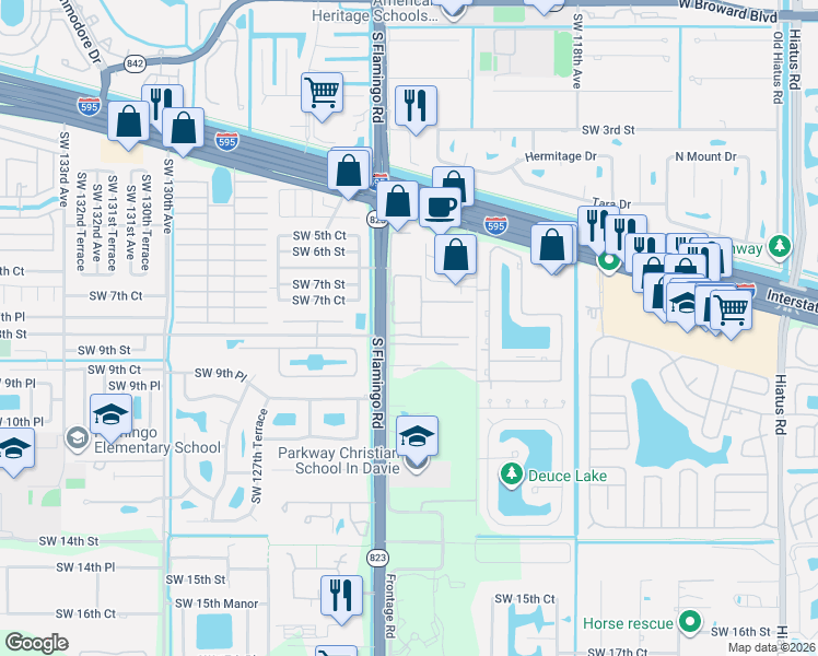 map of restaurants, bars, coffee shops, grocery stores, and more near 830 South Flamingo Road in Davie