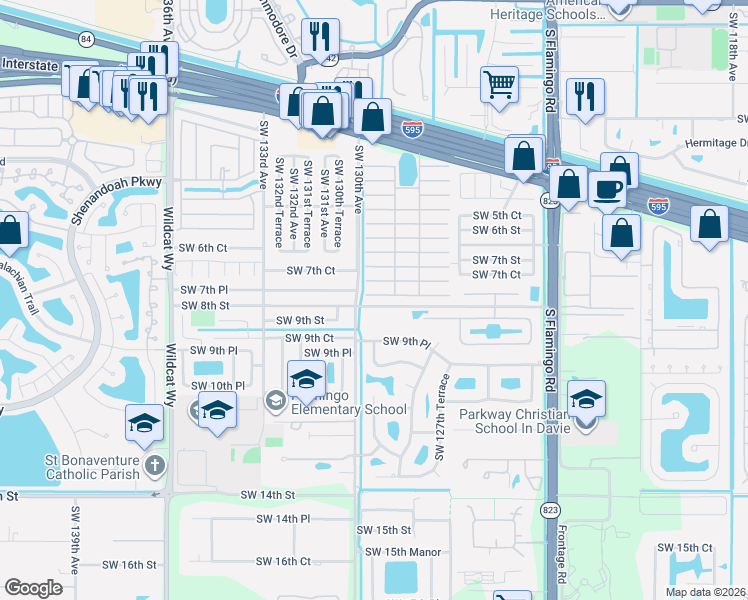 map of restaurants, bars, coffee shops, grocery stores, and more near 821 Southwest 130th Avenue in Davie